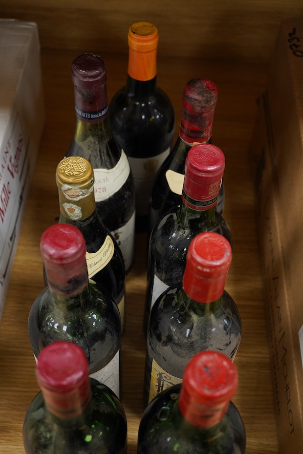 Nine bottles of wine; three Chateau Lavergne Bordeaux Superieur 1979, Beaune 1974, Côtes du Rhône 1978, Beaujolais 1979, etc.